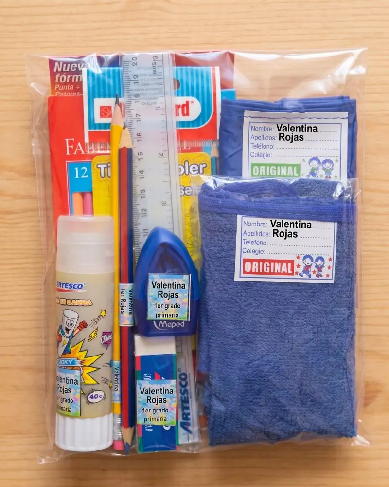 Kit escolar completo con colores Faber-Castell, goma Artesco y tajador Maped, todo rotulado