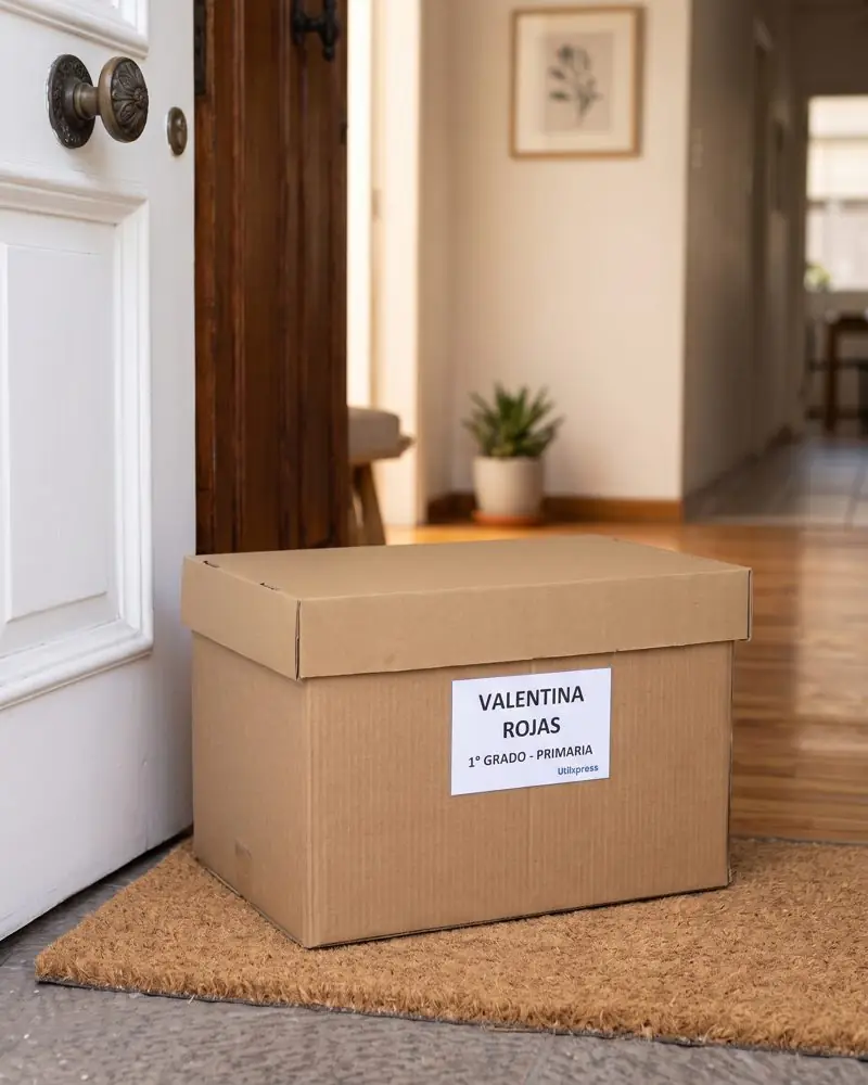 Caja de pedido UtilXpress con el nombre y grado del alumno, entregada en la puerta de una casa
